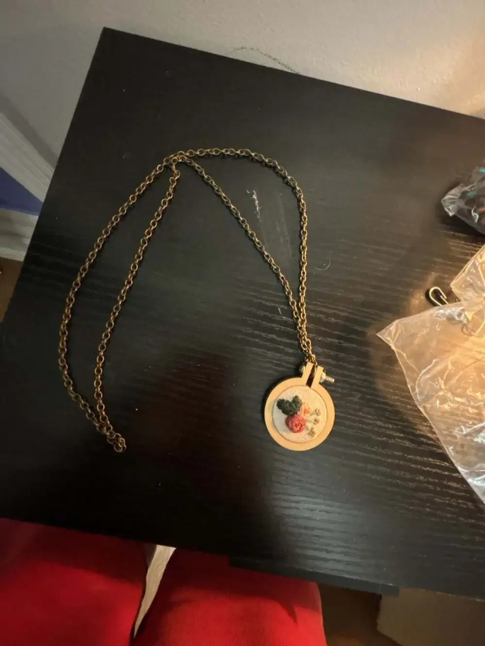 Handmade Floral Miniature Embroidery Hoop Wooden Pendant Necklace